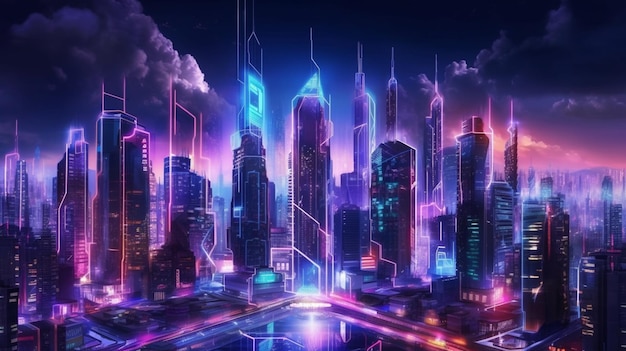 A neon city with a neon sign that says'cyber city '