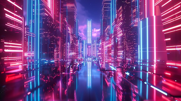 Neon cityscape at night with pink and blue lights