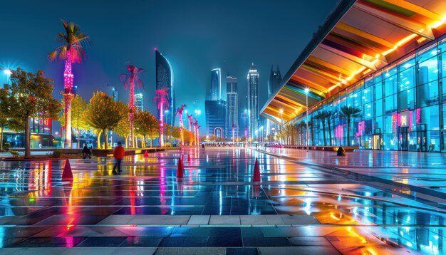 Photo neon cityscape reflections