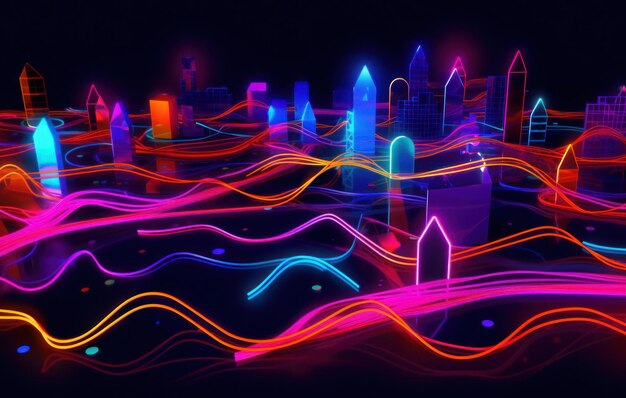 A neon cityscape with a cityscape in the background.