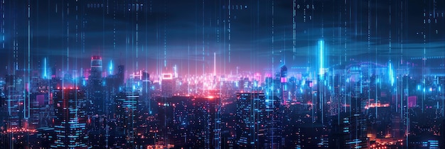 Neon Cityscape with Digital Rain