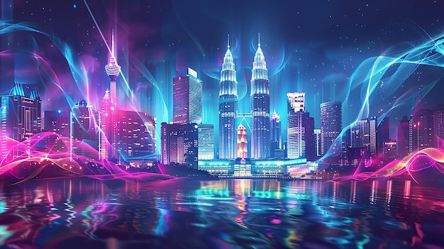 Neon Cityscape with Digital Swirls