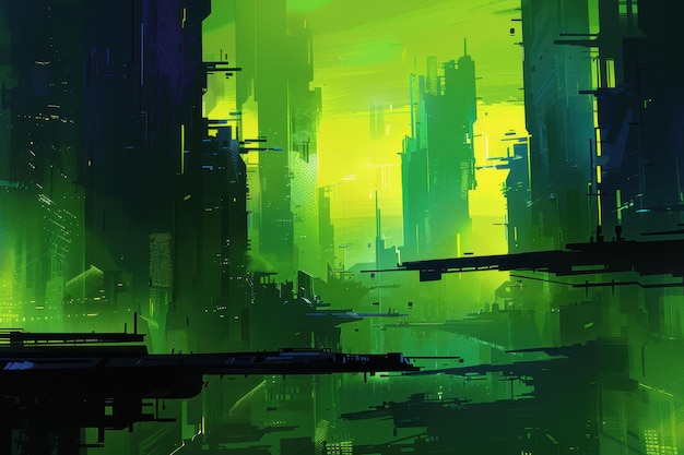 Neon Cityscape with Green Hues