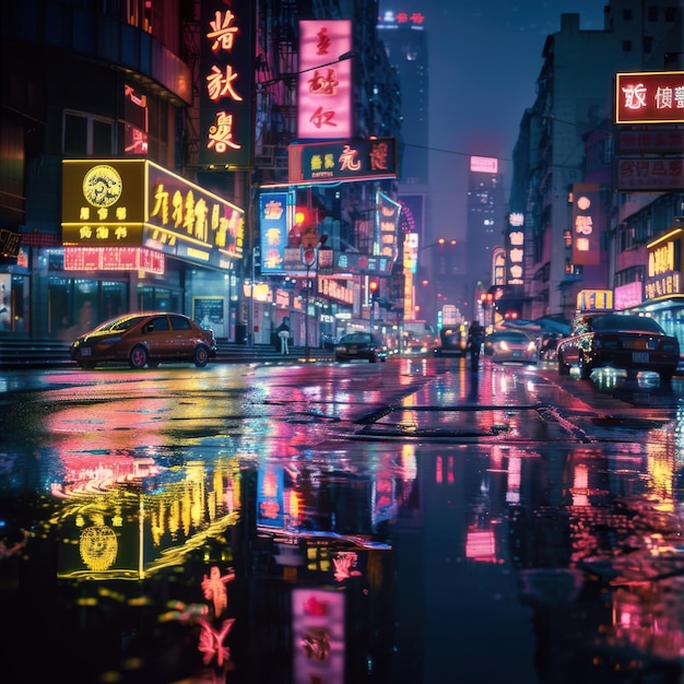 Neon Cityscape with Reflections in Puddles