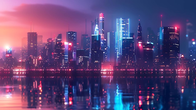 Neon cityscape with vibrant lights reflecting in water