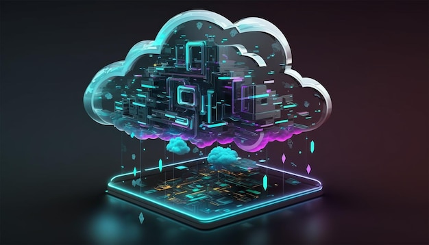 neon cloud computing technology concept illustration Generative AI