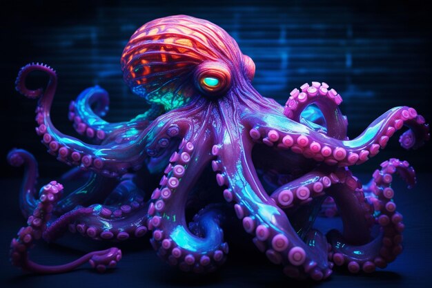 Photo neon color octopus on the bottom of the sea ai generated