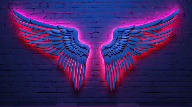 neon colored angel wings on neon wall copy space background