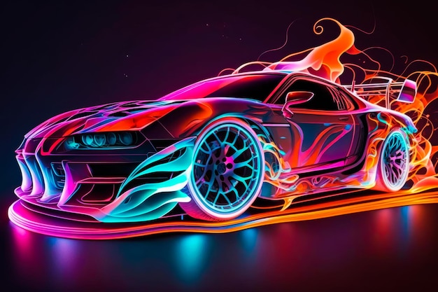 Neon colored car with flames on it Generative AI