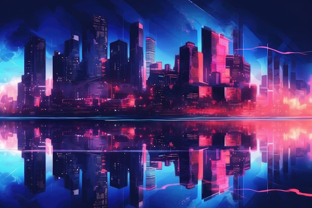 Neon colored cityscape skyline at night Generative AI