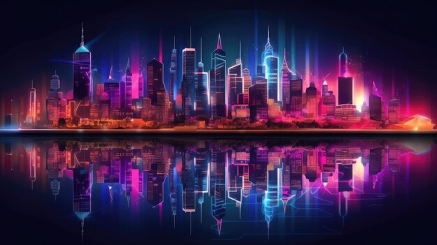 Neon colored cityscape skyline at night Generative AI