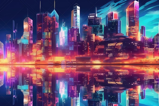 Neon colored cityscape skyline at night Generative AI