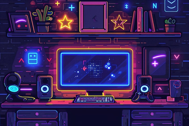 Photo neon colored gamer room setup featuring computer and gaming accessories