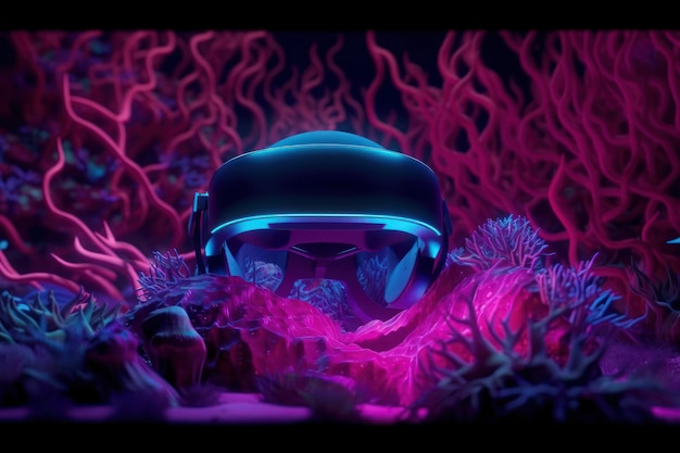 A neon - colored image of a vr helmet with the word vr on it.