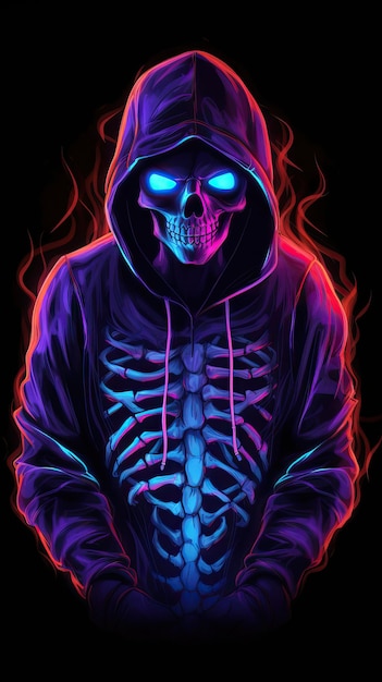 Neon Colored Skeleton Portrait in Hoodie AI Generated