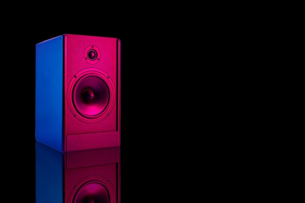 Neon colored stereo speaker on dark background with reflection.Sound audio loud speaker with copy space