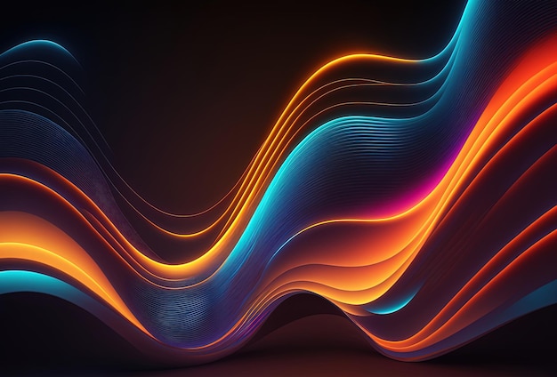 Neon colored waves on a dark background Abstract glowing spectrum lines Psychedelic aesthetic 3D rendering AI generated