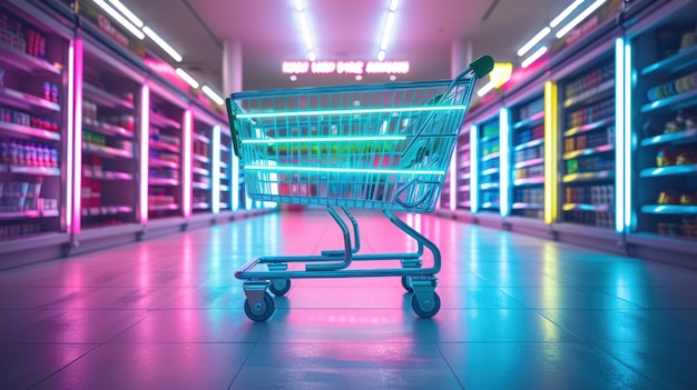 Neon Colorful Shopping Cart in Modern Store