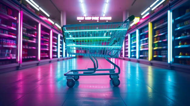 Neon Colorful Shopping Cart in Modern Store