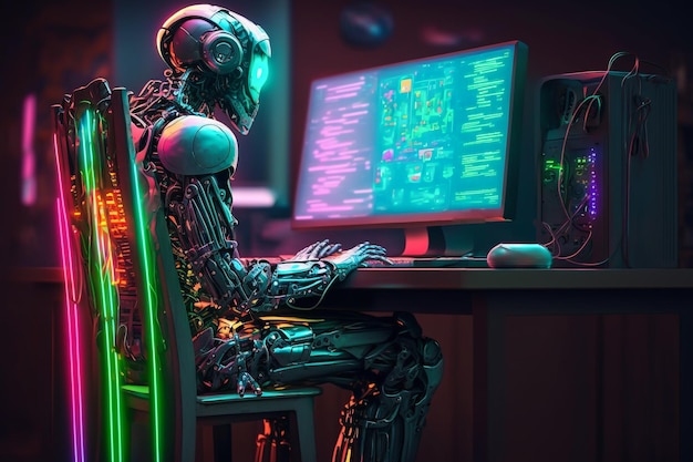 Neon cyber robot working computer workplace illustration Generative AI