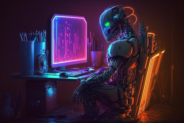 Neon cyber robot working computer workplace illustration Generative AI