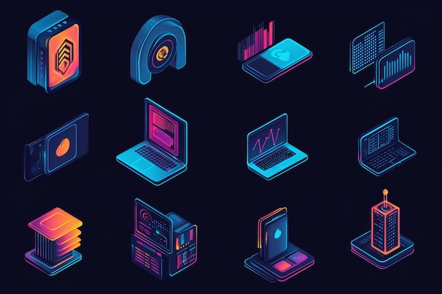 Neon Cyberpunk Icons Set Futuristic UI Elements