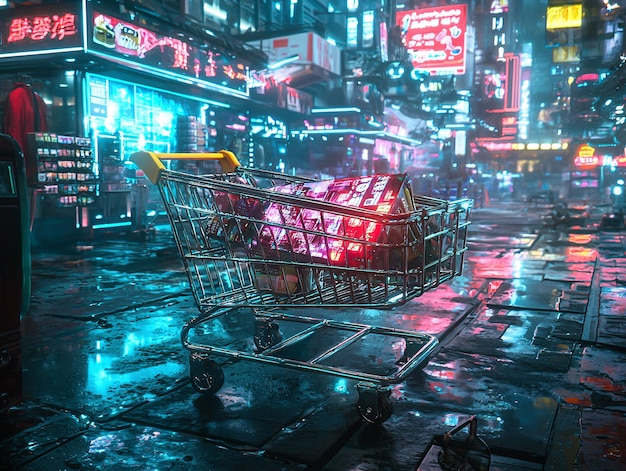 Photo neon cyberpunk shopping cart in a futuristic cityscape with holographic displays and ads