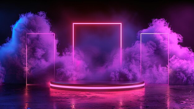 Neon cyberpunk square frames cyber purple lights and luminous smoke and dust effects