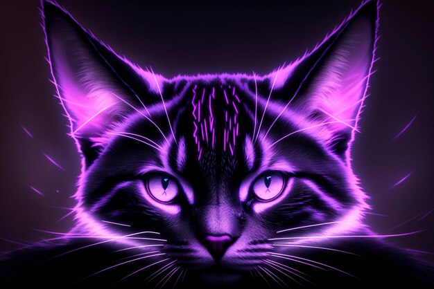 Neon digital ultraviolet cat in the moonlight in a virtual reality environment Generative AI