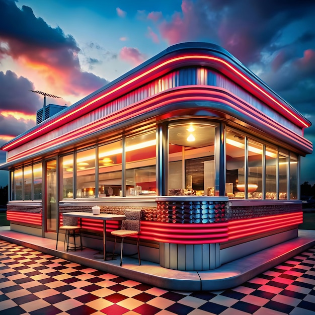 Neon diner and retro car late at night Fog rain and colour reflections on asphalt 3d illustration