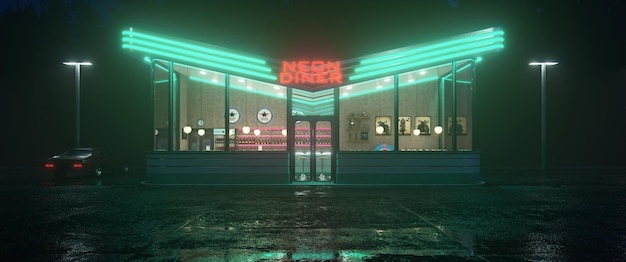 Neon diner and retro car late at night Fog rain and colour reflections on asphalt 3d illustration