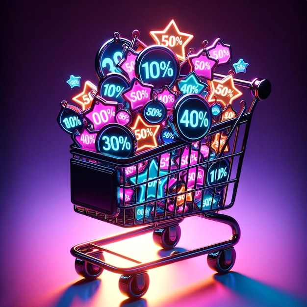 Neon Discounts Overflowing Shopping Cart with Luminous Sale Tags