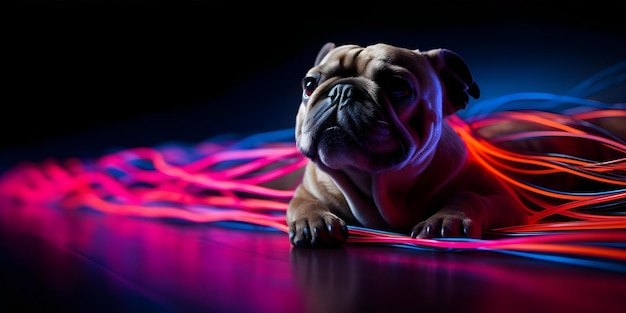 Photo neon dogthemed abstract hd wallpaper on black background with glowing lights concept neon dog theme abstract art hd wallpaper black background glowing lights stunning design