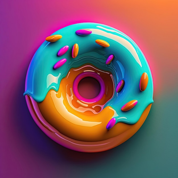 Neon donut on colorful background Doughnut day concept