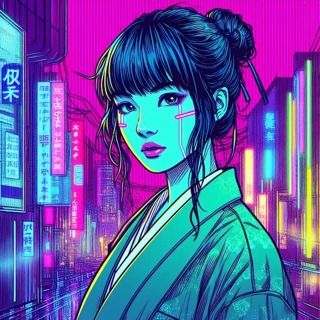 Neon Dreams Cyberpunk Geisha in a Futuristic Cityscape