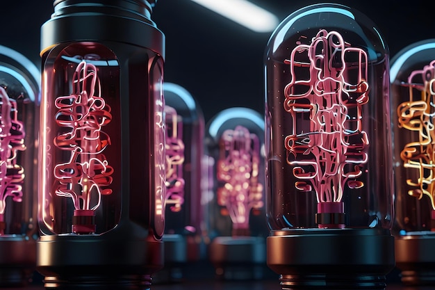 Neon Dreams A mesmerizing closeup of vintage vacuum tubes illuminate a dark futuristic landscape