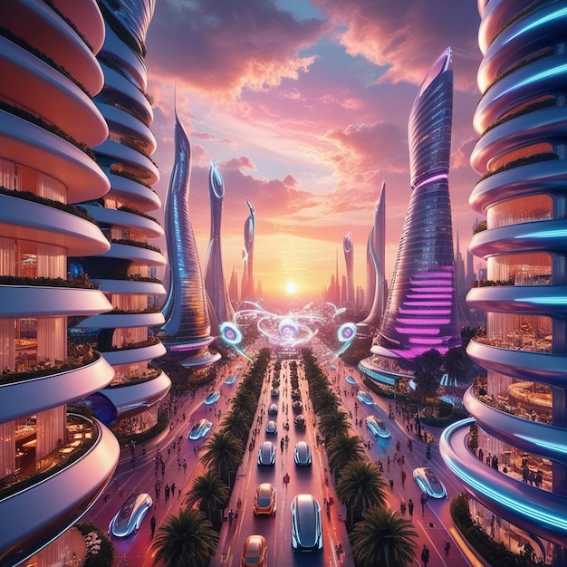 Photo neon dusk a futuristic cityscape under a majestic sunset