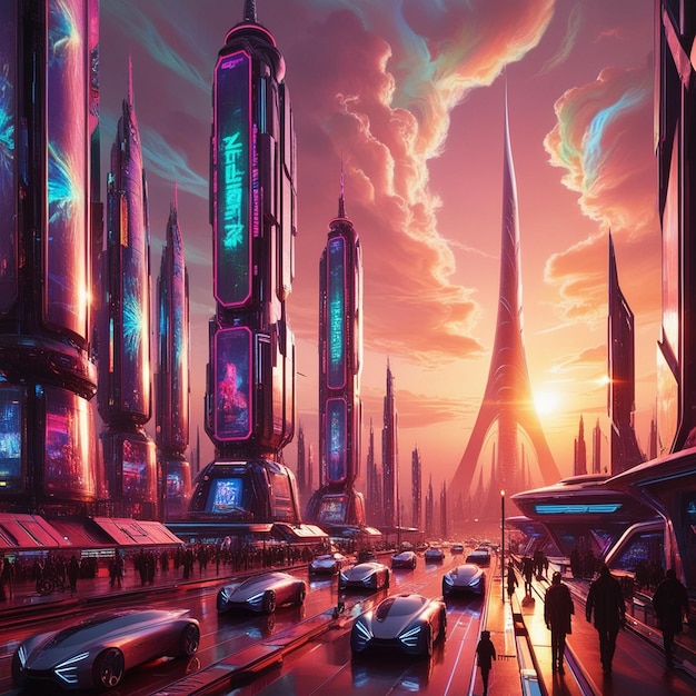 Photo neon dusk a futuristic cityscape under a majestic sunset