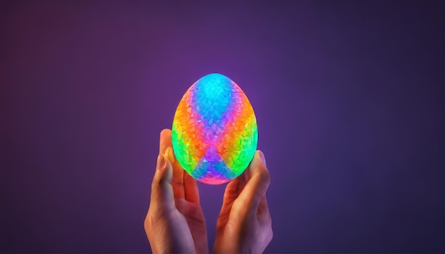 a neon Easter egg held by a persons hand with the vibrant colors