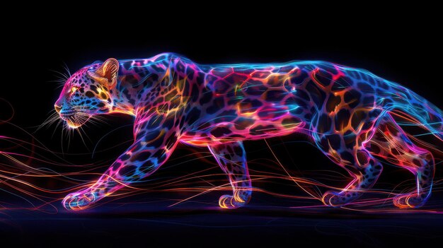 Photo neon electric leopard dynamic digital artwork in vibrant colors on black background