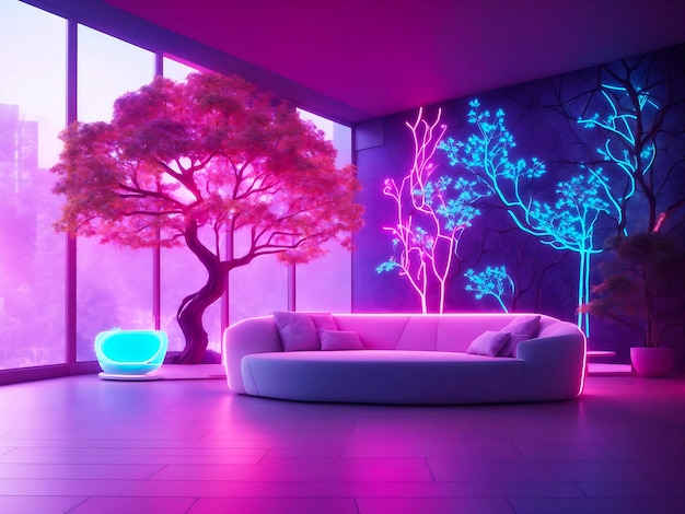 Neon Elegance Integrated Tree and Sofa in a Futuristic Lounge