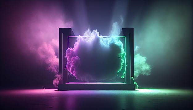 neon empty stage with neon smoke in back with spot light Ai generated Image