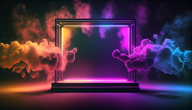 neon empty stage with neon smoke in back with spot light Ai generated Image