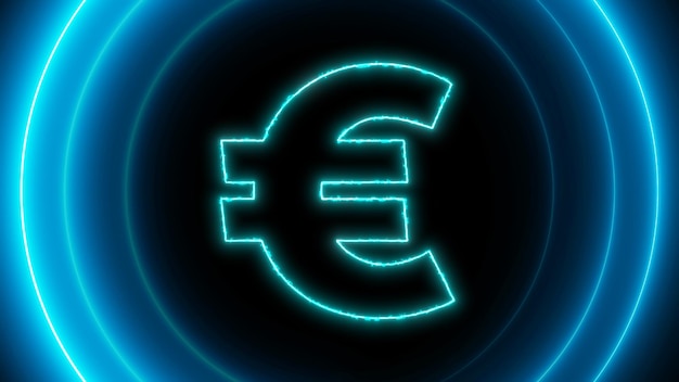 Photo neon euro currency symbol glowing in blue light with concentric circles on a dark background