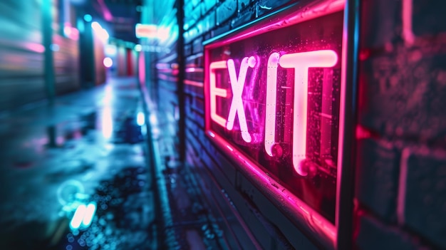 Neon exit sign in a dark alleyway