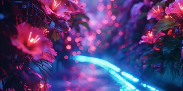 Neon Fantasy Garden with Luminous Flowers and Glowing Pathway