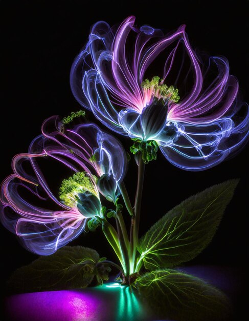 Photo neon flowers on a black background abstract image of the flower