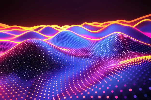 Neon fluid waves in a futuristic landscape creating a vibrant and dynamic visual effect with bright