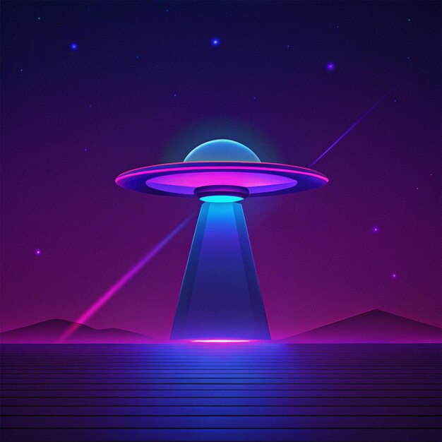 Photo neon flying saucer ufo illustration in starry night