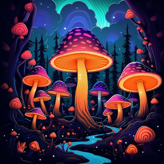 Neon Forest Fungi Cartoon Mushroom Scene